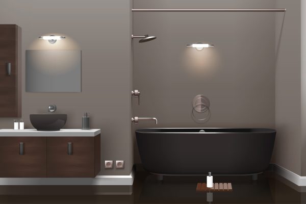 Realistic bathroom interior design with lighting, brown furniture, dark washbasin and tub, glossy floor 3d vector illustration